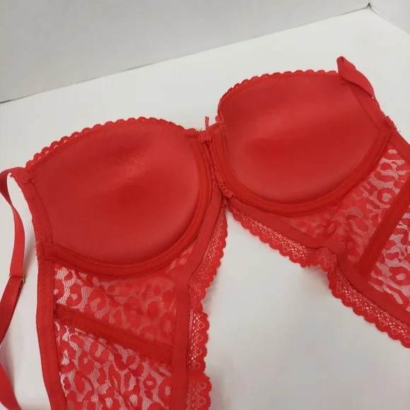 Bra Size 36C Underwire Molded Cup Red Demi Cup Lace Leopard Print Rhinestone - Picture 5 of 10
